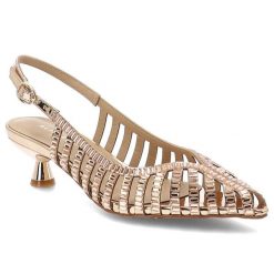 Sandały damskie Alma En Pena, cholewka ze skóry ekologicznej o plecionym, ażurowym wykończeniu zapięcie na pasek wokół pięty spiczasty nosek, różowe,. Czerwone paski damskie Alma en Pena, w ażurowe wzory, ze skóry ekologicznej, eleganckie. Za 599.00 zł.