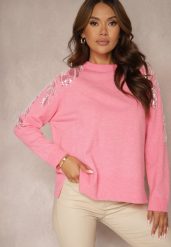 Różowy Sweter z Wiskozą i Modalem Ozdobiony Cekinami i Perłami Iveara. Czerwone swetry damskie Renee, na zimę, bez wzorów, z wiskozy, casualowe, bez kołnierzyka, bez ramiączek, bez kaptura. Za 99.99 zł.