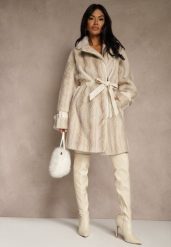 Jasnobeżowy Płaszcz Futerko z Paskiem z Imitacji Skóry i Klamrami przy Mankietach Charysha. Brązowe płaszcze damskie Renee, l, bez wzorów, z futra, eleganckie, bez kaptura. Za 339.99 zł.