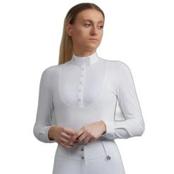 Koszula jeździecka konkursowa damska z długim rękawem Premier Equine Navarra. Białe koszule damskie PREMIER EQUINE, s, bez wzorów, z tkaniny, eleganckie, bez kołnierzyka, bez ramiączek. Za 447.50 zł.