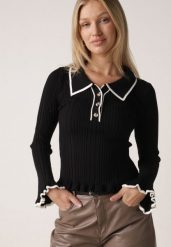 Czarny Sweter z Wiskozą w Stylu Retro z Kołnierzykiem i Guzikami Sarrise. Czarne kardigany damskie Born2be, s, z aplikacjami, z dzianiny, biznesowe, bez kołnierzyka, bez ramiączek, bez kaptura. Za 99.99 zł.