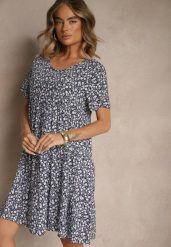 Niebieska Rozkloszowana Sukienka z Bawełną w Kwiaty Mevazia. Niebieskie sukienki dla dziewczynek Renee, na lato, bez wzorów, z bawełny, bez ramiączek. Za 44.99 zł.
