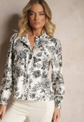 Biało-Czarna Wiskozowa Koszula w Kwiatowy Print z Bufiastymi Rękawami Hanistrae. Czarne bluzki damskie Renee, na lato, l, w ażurowe wzory, z jeansu, eleganckie, bez kołnierzyka, bez ramiączek. Za 89.99 zł.