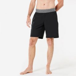 Spodenki Do Jogi Dynamicznej Męskie Lekkie Czarne. Czarne krótkie spodenki sportowe męskie KIMJALY, l, bez wzorów, z elastanu, na jogę i pilates. Za 69.99 zł.