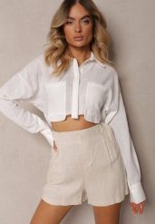Biała Casualowa Krótka Koszula Zapinana na Guziki Tiamavona. Białe bluzki damskie Renee, l, bez wzorów, bez kołnierzyka, bez ramiączek. Za 69.99 zł.
