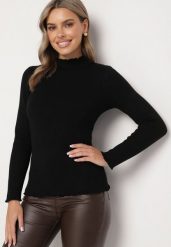 Czarny Sweter z Wełną i Ozdobną Falbanką przy Dekolcie Seanoria. Czarne swetry damskie Born2be, l, z aplikacjami, z jeansu, eleganckie, bez kołnierzyka, bez ramiączek, bez kaptura. Za 84.99 zł.