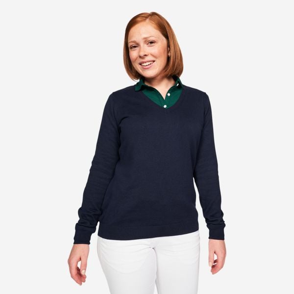 Sweter do golfa damski MW 100 dekolt w serek. Niebieskie obuwie sportowe damskie INESIS, l, bez wzorów, z bawełny, eleganckie, bez kołnierzyka, bez ramiączek, bez kaptura. Za 69.99 zł.