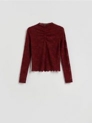 Bluzka z haftowanym wzorem - burgundowy. Czerwone bluzki damskie Reserved, l, bez wzorów, z dzianiny, bez kołnierzyka, bez ramiączek. Za 109.99 zł.