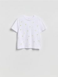 T-shirt z haftowanym wzorem - jasnożółty. Żółte t-shirty damskie Reserved, l, bez wzorów, z bawełny, bez kołnierzyka. Za 49.99 zł.