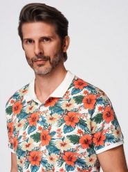Koszulka polo bawełniana z nadrukiem w kwiaty – biała V1 - Rozmiar: L. Białe koszulki polo męskie Ombre Clothing, na lato, l, bez wzorów, z bawełny, eleganckie, bez ramiączek. W wyprzedaży za 59.99 zł.