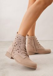 Ciemnobeżowe Ażurowe Botki ze Sznurowaną Cholewką Sephylia. Brązowe botki damskie Renee, z zamszu, boho, bez obcasa, na płaskiej podeszwie, bez zapięcia. Za 129.99 zł.