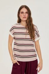 Bluzka w paski burgundowa. Czerwone bluzki damskie MOODO, l, bez wzorów, z bawełny, bez kołnierzyka, bez ramiączek. Za 59.99 zł.
