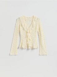 Koronkowa bluzka - kremowy. Białe bluzki damskie Reserved, l, bez wzorów, z bawełny, bez kołnierzyka, bez ramiączek. Za 119.99 zł.