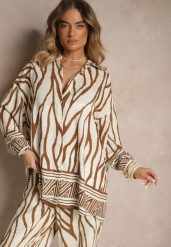 Beżowa Koszula z Wiskozy z Lnem w Geometryczny Wzór Sepilora. Brązowe bluzki damskie Renee, bez wzorów, z materiału, eleganckie, bez kołnierzyka, bez ramiączek. Za 59.99 zł.