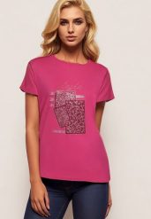 Ciemnoróżowy Bawełniany T-shirt z Ozdobnym Napisem i Cyrkoniami Krisiona. Czerwone bluzki damskie Born2be, l, bez wzorów, z bawełny, biznesowe, bez kołnierzyka. Za 34.99 zł.