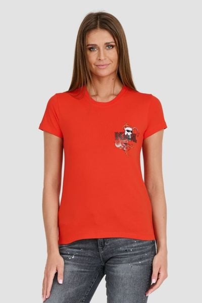 KARL LAGERFELD Czerwony damski t-shirt ikonik lny, Rozmiar XS. Czerwone t-shirty damskie KARL LAGERFELD, xs, bez wzorów, bez kołnierzyka. W wyprzedaży za 159.99 zł.