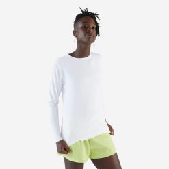 Koszulka do biegania z długim rękawem damska Kiprun Sun Protect. Czarne koszulki sportowe damskie KALENJI, l, bez wzorów, z materiału, klasyczne, bez kołnierzyka. Za 59.99 zł.
