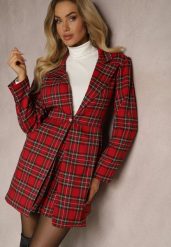 Czerwona Rozkloszowana Marynarka w Kartkę Zapinana na Ozdobny Guzik Delathria. Czerwone żakiety damskie Renee, l, bez wzorów, eleganckie. Za 169.99 zł.