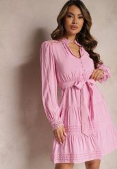 Różowa Rozkloszowana Sukienka z Koronkowymi Wstawkami i Wiązaniem w Talii Padria. Czerwone sukienki damskie Renee, na co dzień, l, bez wzorów, z koronki, eleganckie, bez kołnierzyka, bez ramiączek, mini, kopertowe. Za 119.99 zł.
