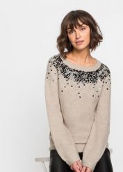 Sweter z kolorowymi cekinami. Brązowe swetry damskie bonprix, bez wzorów, bez kołnierzyka, bez ramiączek, bez kaptura. Za 149.99 zł.