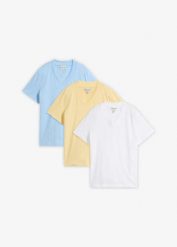 T-shirt z dekoltem w serek, z czystej bawełny organicznej, 3 szt. Niebieskie t-shirty damskie bonprix, uniwersalny, bez wzorów, z bawełny, bez kołnierzyka. Za 114.99 zł.