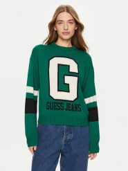 Guess Jeans Sweter W4BR11 Z3HN2 Zielony Regular Fit. Zielone swetry damskie Guess Jeans, l, z aplikacjami, z jeansu, bez kołnierzyka, bez ramiączek, bez kaptura. Za 239.99 zł.