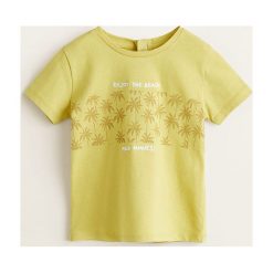 Mango Kids - T-shirt dziecięcy Palms 80-104 cm. Żółte t-shirty dla chłopców Mango Kids, bez wzorów, z bawełny, bez ramiączek. W wyprzedaży za 19.90 zł.