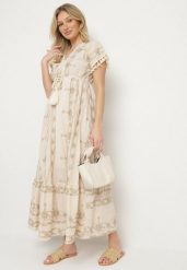 Beżowa Bawełniana Sukienka w Boho Print Rozkloszowana z Metalicznymi Haftami i Frędzlami Divilea. Brązowe sukienki damskie Born2be, na co dzień, l, bez wzorów, z bawełny, boho, bez kołnierzyka, bez ramiączek, maxi, rozkloszowane. Za 89.99 zł.