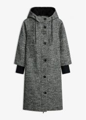 Płaszcz z materiału w optyce tweedu, z mankietami z dzianiny. Czarne kurtki damskie bonprix, bez wzorów, z dzianiny, bez kaptura. Za 349.99 zł.