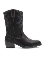 Mustang Kowbojki 1478-503 Czarny. Czarne botki damskie Mustang, z syntetyku, bez obcasa, na słupku, bez zapięcia. Za 399.99 zł.