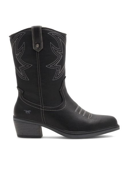 Mustang Kowbojki 1478-503 Czarny. Czarne botki damskie Mustang, z syntetyku, bez obcasa, na słupku, bez zapięcia. Za 279.99 zł.