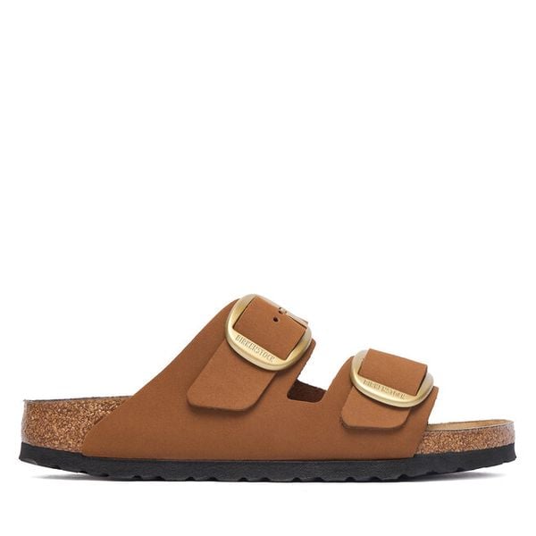 Klapki Birkenstock. Brązowe klapki damskie Birkenstock, bez wzorów, bez obcasa. Za 674.99 zł.