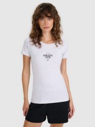 4F T-shirt slim z nadrukiem damski - szary M. Szare koszulki sportowe damskie 4f, m, bez wzorów, z bawełny, bez kołnierzyka, bez ramiączek. W wyprzedaży za 39.99 zł.