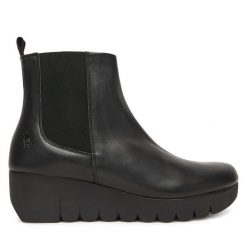 Botki Fly London. Czarne botki damskie Fly London, bez obcasa, na koturnie, bez zapięcia. Za 459.99 zł.
