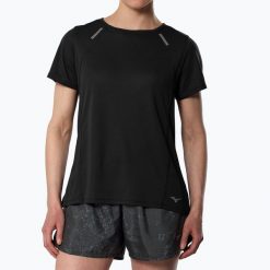 Koszulka do biegania damska Mizuno Active DryAeroFlow Tee. Czarne koszulki sportowe damskie Mizuno, m, bez wzorów, z materiału, bez kołnierzyka, bez ramiączek, do biegania. Za 229.99 zł.