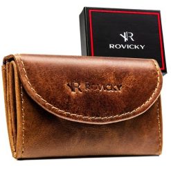 Skórzany, brązowy portfel męski wyposażony w system RFID - Rovicky. Brązowe portfele męskie ROVICKY, bez wzorów, ze skóry. Za 34.99 zł.
