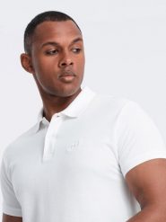 Jednokolorowa koszulka męska polo BASIC z dzianiny pique - biała V4. Białe koszulki polo męskie Ombre Clothing, m, z aplikacjami, z bawełny, bez kołnierzyka, bez ramiączek. W wyprzedaży za 79.99 zł.