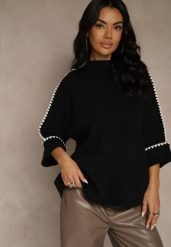 Czarny Sweter Ozdobiony Lamówką na Rękawach Tusenna. Czarne swetry damskie Renee, bez wzorów, z jeansu, casualowe, bez kołnierzyka, bez ramiączek, bez kaptura. Za 89.99 zł.