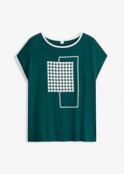 T-shirt z kontrastową lamówką. Zielone bluzki damskie bonprix, bez wzorów, eleganckie, bez kołnierzyka, bez ramiączek. Za 19.99 zł.