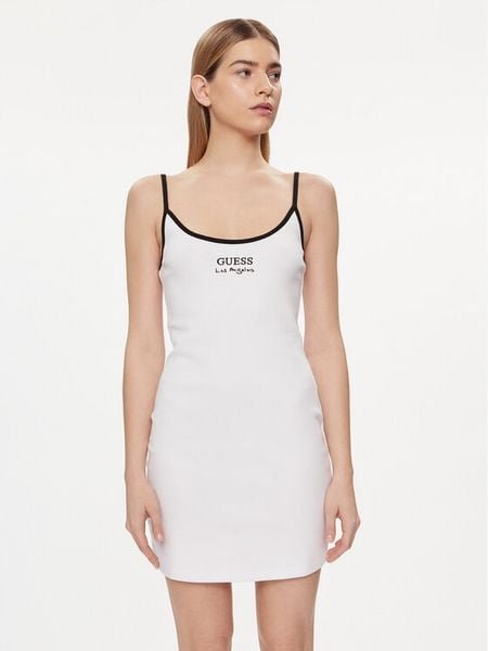 Guess Sukienka codzienna E4GK00 KBP41 Biały Slim Fit. Białe sukienki damskie Guess, na co dzień, xs, z aplikacjami, z bawełny, bez kołnierzyka, bez ramiączek, proste. Za 149.99 zł.