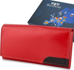 Beltimore Damski skórzany portfel duży poziomy retro RFiD czerwony BELTIMORE 040. Czerwone portfele damskie Beltimore, bez wzorów. Za 64.99 zł.