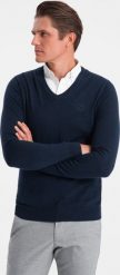 Ombre Sweter męski z dekoltem "w serek" z koszulowym kołnierzykiem - granatowy V2 OM-SWSW-0102 L. Niebieskie bluzy męskie Ombre, l, bez wzorów, bez kołnierzyka. Za 129.99 zł.