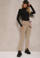 Beżowe Spodnie Skinny z Wysokim Stanem i Ozdobną Chustką Hyadia. Brązowe szaliki i chusty damskie Renee, bez wzorów, z jeansu. Za 89.99 zł.