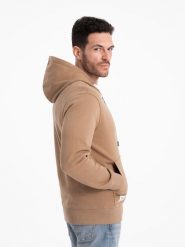 Bluza męska dresowa BASIC rozpinana z kapturem - brązowa V2. Brązowe bluzy męskie Ombre Clothing, m, z aplikacjami, z bawełny, z kapturem. Za 209.99 zł.