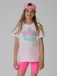 4F T-shirt regular z nadrukiem dziewczęcy - biały 140 (9-10 lat). Białe t-shirty i topy dla dziewczynek 4f, bez wzorów, z bawełny, bez ramiączek. Za 39.99 zł.