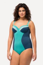 Damski Kostium kąpielowy błyszczący materiał miękkie miseczki fiszbiny. Niebieskie kostiumy jednoczęściowe damskie Ulla Popken, plus size, bez wzorów, z elastanu, plus size, do pływania. Za 223.99 zł.