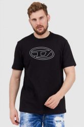 DIESEL Czarny t-shirt męski z wytłaczanym logo. Czarne t-shirty męskie Diesel, l, bez wzorów, prążkowane, bez kołnierzyka. W wyprzedaży za 259.99 zł.