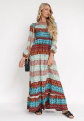 Niebiesko-Czerwona Sukienka Maxi z Marszczoną Górą i Długim Rękawem Haari. Niebieskie sukienki damskie Born2be, na jesień, l, bez wzorów, bez kołnierzyka, bez ramiączek, maxi, rozkloszowane. Za 69.99 zł.