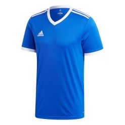 Koszulka piłkarska adidas Tabela 18 Jersey męska. Niebieskie koszulki sportowe męskie Adidas, m, bez wzorów, z jersey, bez kołnierzyka, bez ramiączek, do piłki nożnej. Za 59.00 zł.