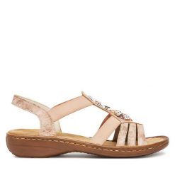 Sandały Rieker. Czerwone sandały damskie Rieker, bez wzorów, bez obcasa, na płaskiej podeszwie, bez zapięcia. Za 299.99 zł.